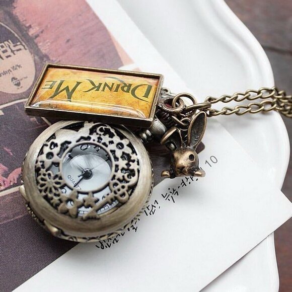 Vintage Drink Me Pocket Watch Necklace Quartz Alice in Wonderland Gift main image 4